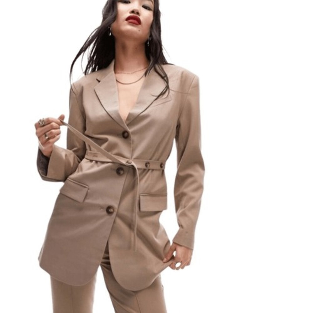 Topshop belted blazer 4 tan 3 button old money longline light academia Normcore‎